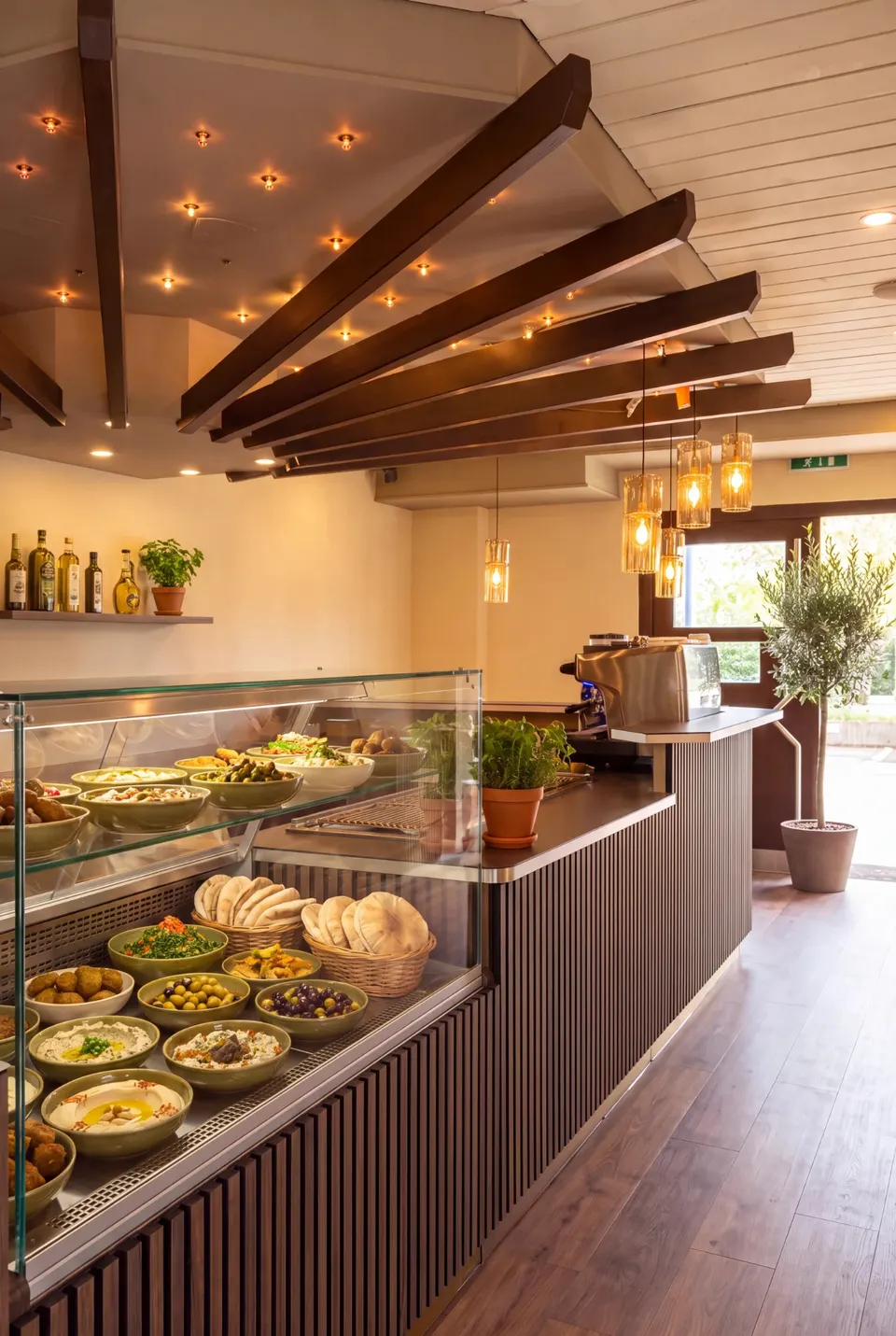 Theke im Erdgeschoss mit Vitrine voller Mezze, Falafel, Oliven und Fladenbrot, Kaffeemaschine, Kräutern auf der Theke und einem Olivenbaum am Fenster (Symbolbild auf Basis einer Aufnahme des Lokals)