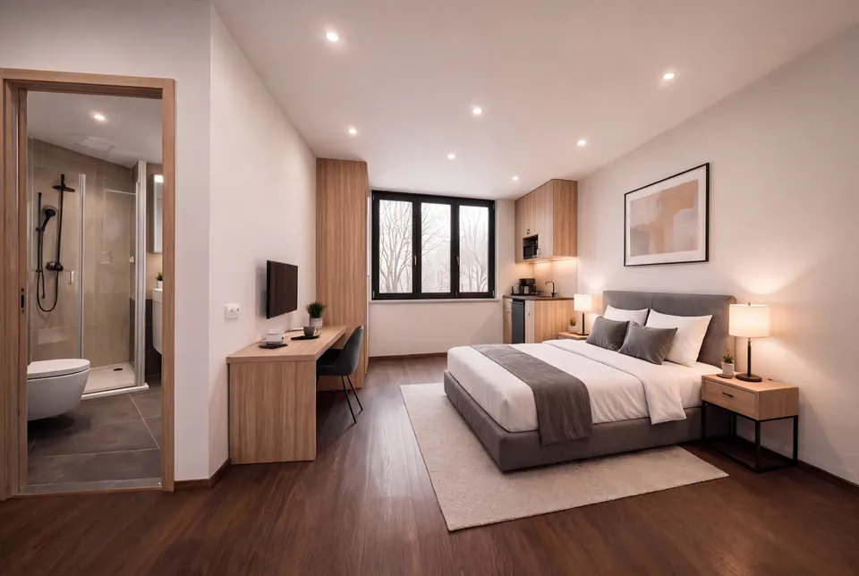 Studio ohne Balkon: Doppelbett, Schreibtisch mit Wand-TV, Kochnische und Fenster zum Grünen, offene Tür zum Bad (Symbolbild auf Basis der Visualisierung)