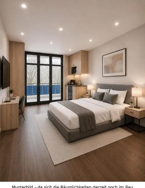 Studio mit Doppelbett, Kochnische, Schreibtisch und Balkontür — Visualisierung des Kunden, Räume im Bau