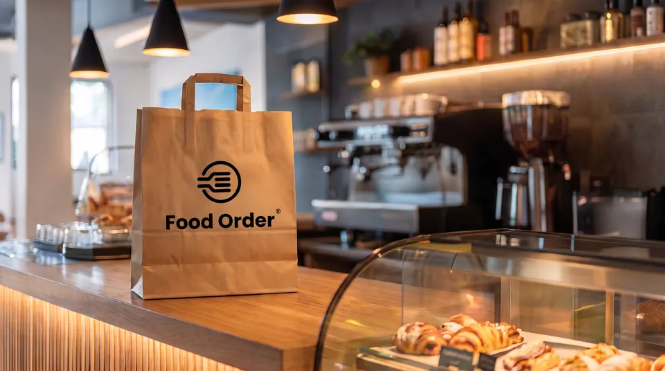 Papiertasche von Food Order® auf der Theke des Cafés, bereit zur Abholung