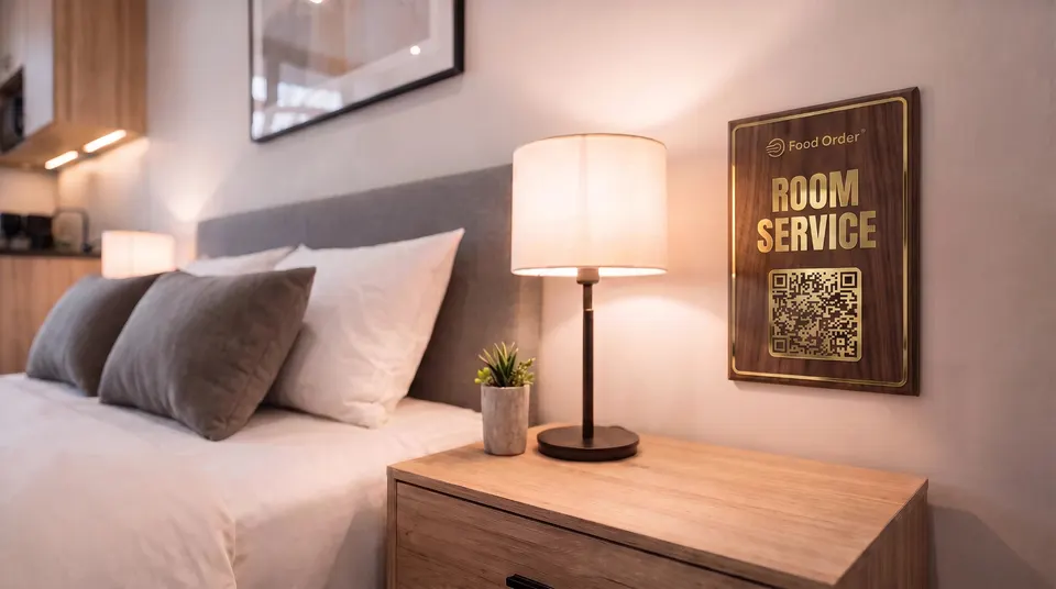 Schild mit QR-Code für den Zimmerservice von Food Order® neben dem Bett